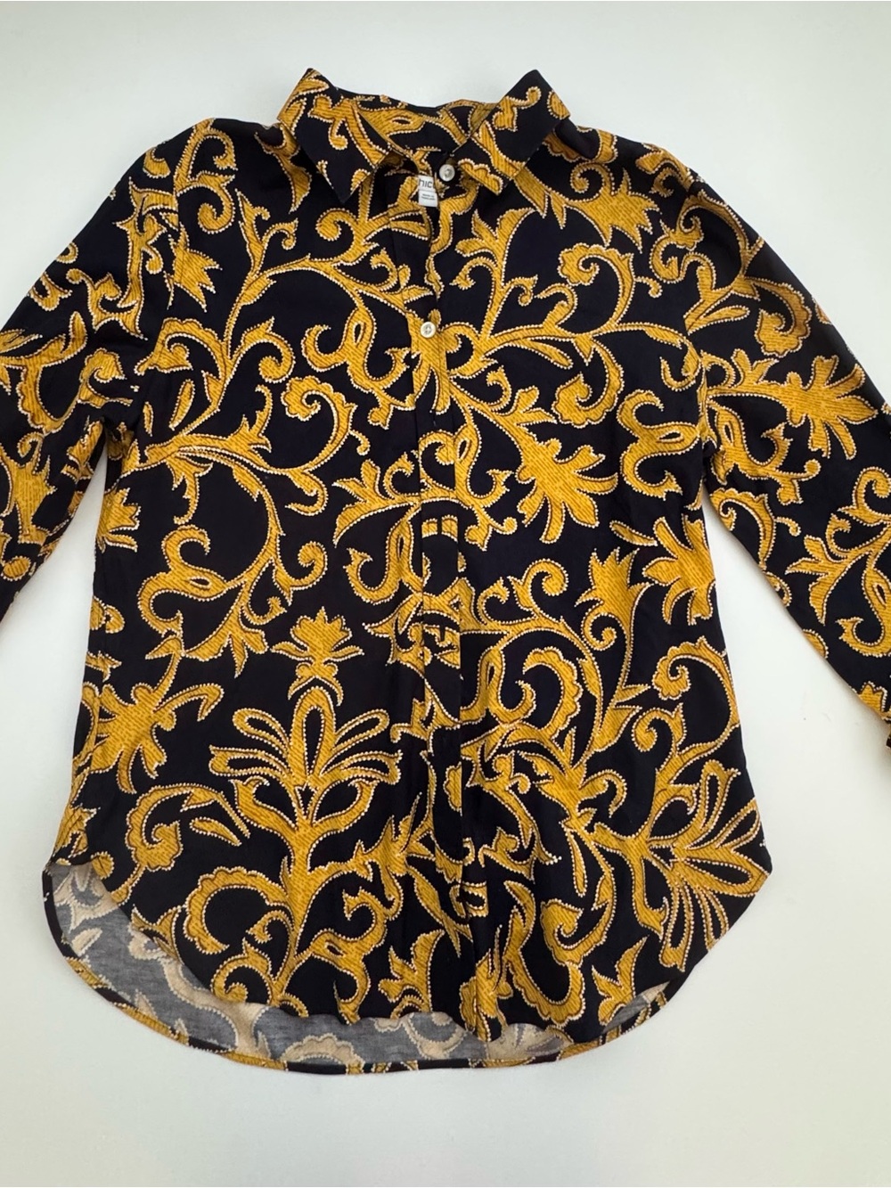 Chico's Women's Navy Blue Gold Button-Down Collared Woven Blouse 3/4 Sleeve Sz O